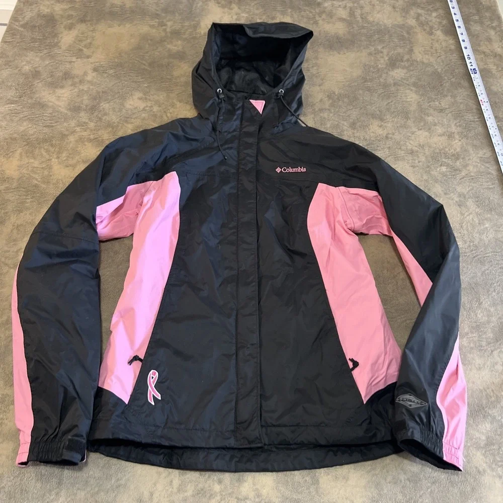 Columbia Jacket Womens M Black Pink Waterproof Omni Tech Breast Cancer Awareness